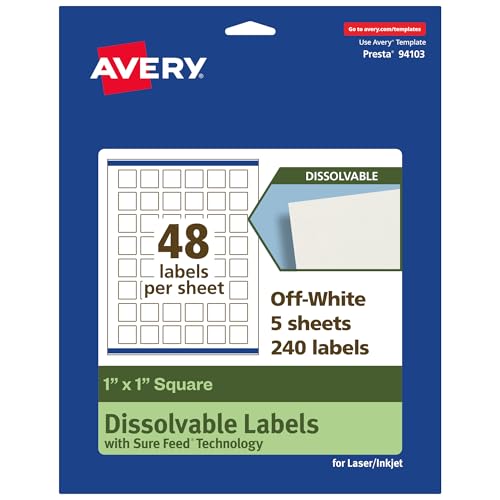 Avery Dissolvable Square Labels, Sure Feed Technology, 1" x 1", Matte White, Print-to-The-Edge, Laser/Inkjet Printable, 240 Labels Total - style: 240 labels