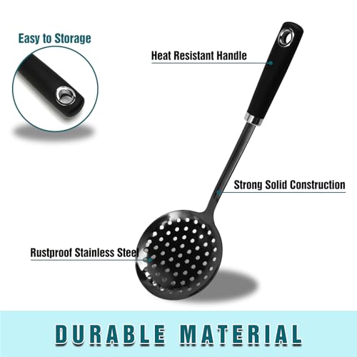 Black Stainless Steel Skimmer Spoon, Metal Slotted Spoon Strainer for Frying, Pasta, Vegetables, Dumplings, Wontons, Long Handle, Dishwasher Safe - color: Z-Black Skimmer
