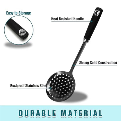Black Stainless Steel Skimmer Spoon, Metal Slotted Spoon Strainer for Frying, Pasta, Vegetables, Dumplings, Wontons, Long Handle, Dishwasher Safe - color: Z-Black Skimmer