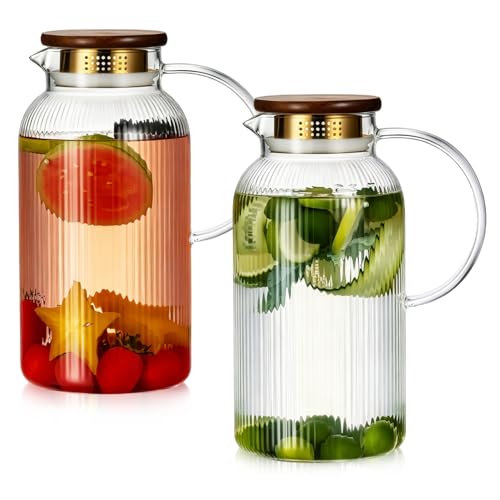 Buaic 2 PACK Glass Pitcher with Lid and Widened Handle, 68oz/ 2 Liter Classic Vertical Stripes Water Pitcher with Wooden Lids,Glass Water Carafe for Cold Brew, Coffee,Iced Sun Tea,Beverage,Hot/Cold - color: Clear, size: 2L-Wooden Lids