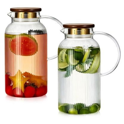 Buaic 2 PACK Glass Pitcher with Lid and Widened Handle, 68oz/ 2 Liter Classic Vertical Stripes Water Pitcher with Wooden Lids,Glass Water Carafe for Cold Brew, Coffee,Iced Sun Tea,Beverage,Hot/Cold - color: Clear, size: 2L-Wooden Lids