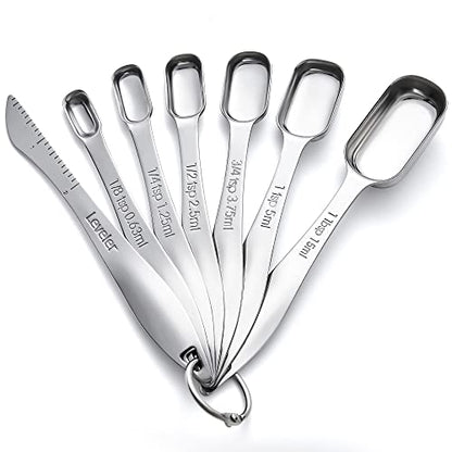 Rainspire Heavy Duty Measuring Spoons Set Stainless Steel, Metal Measuring Cups and Spoons Set for Dry or Liquid, Fits in Spice Jar, Home Gadgets Kitchen Gadgets, Set of 7 Including Leveler - color: Silver