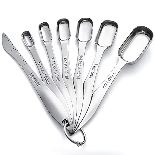 Rainspire Heavy Duty Measuring Spoons Set Stainless Steel, Metal Measuring Cups and Spoons Set for Dry or Liquid, Fits in Spice Jar, Home Gadgets Kitchen Gadgets, Set of 7 Including Leveler - color: Silver