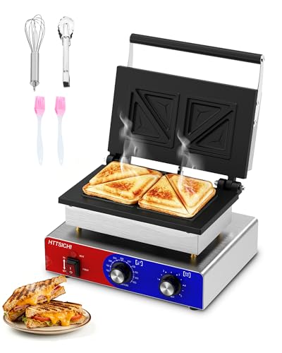 Commercial Sandwich Press, 110V Electric Sandwich Maker w/Adjustable Temp 0–550°F & Timer, Stainless Steel Panini Press Sandwich Maker w/Non-Stick Plates, Makes 2 Grilled Cheese Sandwiches - style: 4 slice