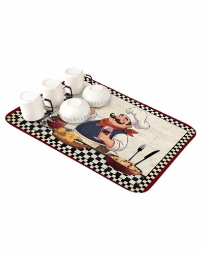 Kitchen Chef Dish Drying Mat for Kitchen Counter, Absorbent Quick Dry Coffee Bar Mat Pad Thin Diatomaceous Sink Mats, Vintage Cheese Wine Coking Black Checked Non Slip Dish Drainer Mats 16''x18'' - color: Red, Beige, Green, size: 18" x 16"