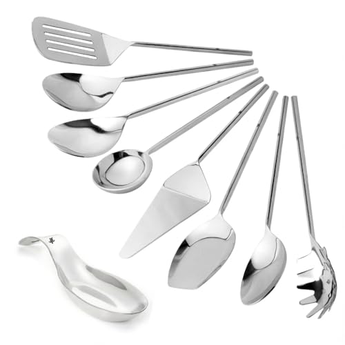 Melvvi Silver Stainless Steel Kitchen Utensils Set – 9-Piece | Non-Toxic, Stronger & Rust-Resistant Spatula, Spoons, Ladle, Slotted Turner, Pasta Server | Valentine Gifts