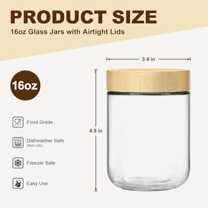 4 Pack 16oz Glass Jars with Bamboo Lids, Overnight Oats Containers with Airtight Lids, Storage Containers Wide Mouth Mason jars for Salad,Yogurt, Sugar, Snacks, Spices - color: 16OZ-4P