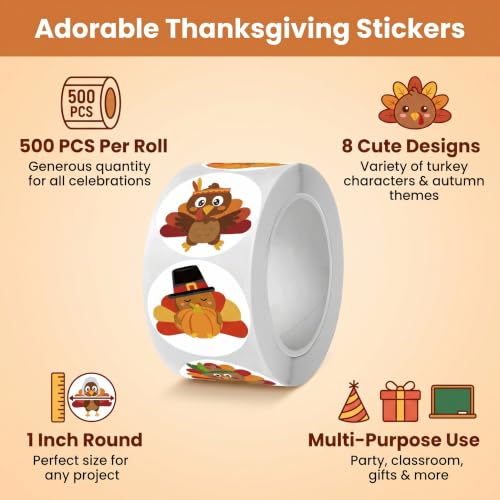 500pcs/Roll Cute Thanksgiving Turkey Stickers 1 Inch Round Autumn Fall Gift Labels Treats Bag Classroom Rewards Envelope Seals Decor - color: 500pcs-handmade With Love