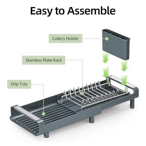 TOOLF Small Dish Drying Rack, Mini Expandable Compact Dish Rack, Slim Extendable Stainless Steel Dish Drainer for Kitchen Countertop, Space Saving Dish Strainer, Dark Slate Gray - color: Dark Slate Gray