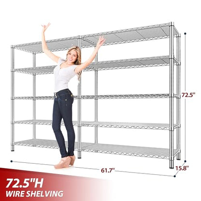 REIBII 1500LBS Storage Shelves 61.7''W Wire Shelving Unit 5 Tier Metal Shelving for Storage Rack Shelves Heavy Duty Garage Shelf Pantry Shelves Kitchen Shelving, 61.7" W*72.4" H*15.8" D, Chrome - style: Chrome-15.8" Dx61.7" Wx72.4" H-5 Tier