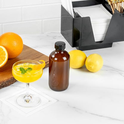 Restaurantware Vetri 8 Ounce Boston Glass Bottles, 12 Sample Bottles With Black Phenolic Caps - Dishwashable, Round, Amber Glass Bottle, For Potion, Juice, Ginger Shots, Whiskey, Liquids - color: Amber, size: 8 oz