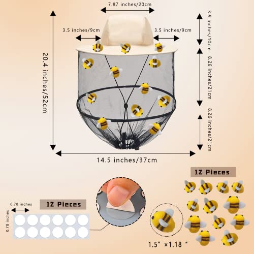 54Pcs Beekeeper hat Set Including 2Pcs Bee Keeper Hats, 12Pcs Wool Felt Bee, Round Double Sided Tape,Bee Keeper Costume Helmet Bug Insect Hats with Netting for Beekeeper Halloween Costume Adult