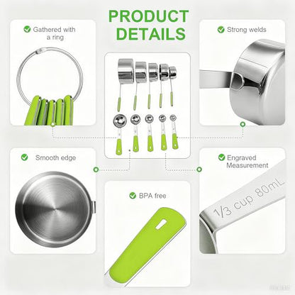 Bopei Measuring Cups and Spoons Set Stainless Steel 10 Piece for Cooking and Baking (5 Cups + 5 Spoons, Green Handle) - color: Green