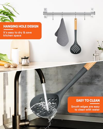 Kitchen Ladle Strainer, Large Slotted Spoon with High Heat Resistant BPA Free, Non Stick Cooking Skimmers For Draining & Frying, 13.2inch (Grey) - color: Gray