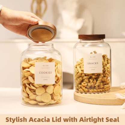 2 Pack Glass Food Storage Containers with Airtight Acacia Lids and 132 Kitchen Pantey Labels Preprint - 67 LF OZ Borosilicate Glass Canister Sets for Food,Coffee,Cookie,Tea,Candy,Sugar - size: 67oz-2 Pack