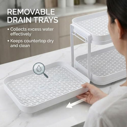 2-Tier Cup Drying Rack with Removable Drainboard, Rust-Proof Iron Mug Organizer, Multi-Purpose Bottle Drying Stand for Baby Bottles, Fruits, Vegetables, Countertop Space Saver, White