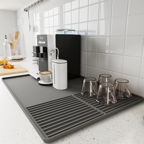 WUDIALIEN Silicone Coffee Mat with Raised Edges, 24'' x 16'' Bar Mat for Countertops, Fits Under Coffee Maker, Espresso Machine, Dish Drying Mat, Gray - color: Gray, size: 24" x 16"