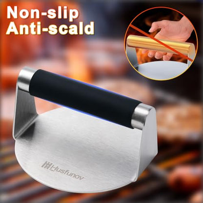 Husfunov Stainless Steel Burger Press, 5.5 Inch Round Smasher,with Anti-Scald Handle,Non-Stick Smooth Hamburger Press,Flat Bottom, for Cooking Burgers, Bacon, Ground Beef, Meats, Sausage and So On - size: 5.5inch-Heat Resistant Handle