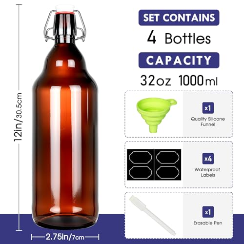 DESIYUE 32 oz Amber Swing Top Glass Bottles with Airtight Lids, Flip Top Beer Brewing Bottles for Fermentation, Home Brewing Kombucha, Mead, Vinegar, Beer, Kefir, Wine,Vanilla Extract, Juice(4 Pack)