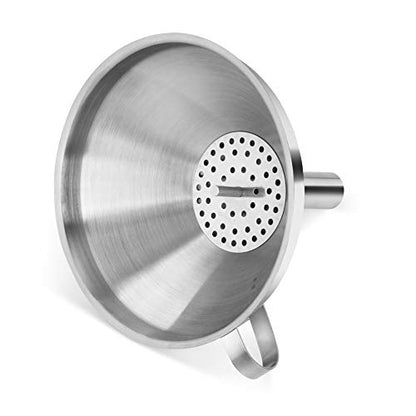 New Star Foodservice Stainless Steel Funnel with Detachable Strainer Filter, 5-Inch, Silver, Heavy-Duty Kitchen Funnel for Liquids, Oils, Sauces, Broths, and Canning