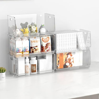 Nicunom 2 Pack Stackable Plastic Storage Bins Open Front, Clear Pantry Organizer Bin Household Food Storage Bin for Kitchen Countertops Cabinet Shelf Fridge