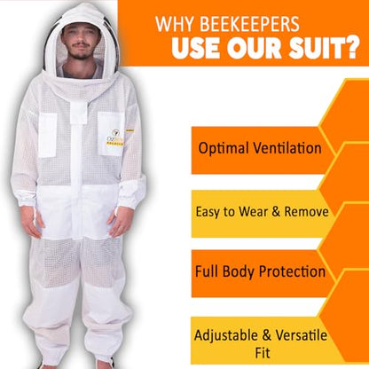OZBEE 3 Layer Ventilated Beekeeping Suit with Fencing & Round Veil, Goatskin Leather Gloves, Protective Bee Suit - size: 4X-Large