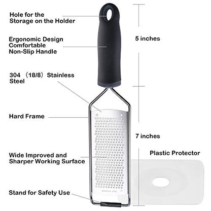 Stainless Steel Cheese Grater, Ergonomic Soft Handle Lemon Ginger Potato Zester with Plastic Cover - color: A-Black