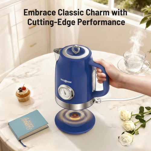 PARIS RHÔNE Retro Stainless Steel Electric Kettle, 1.7L Cordless Hot Water Tea Kettle with Thermometer, 1500W Fast Heating, LED Indicator, Auto Shut-Off & Boil Dry Protection