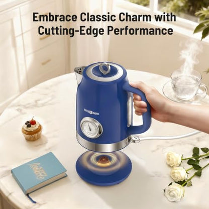 PARIS RHÔNE Retro Stainless Steel Electric Kettle, 1.7L Cordless Hot Water Tea Kettle with Thermometer, 1500W Fast Heating, LED Indicator, Auto Shut-Off & Boil Dry Protection