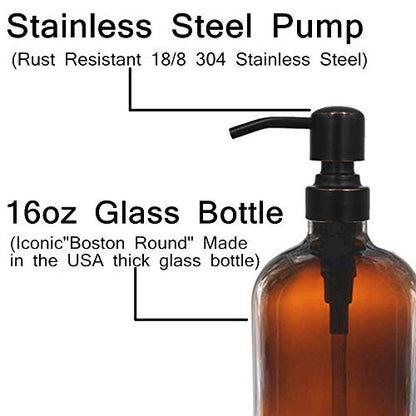 2 Pack 16 Ounce Boston Round Glass Bottles Soap Dispenser with Oil Rubbed Bronze Stainless Steel Pumps | Oil Rubbed Bronze Stainless Steel Pumps - color: Black and Clear