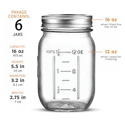 Classic 16 Oz Mason Jars, 6 Pack Canning Jars, Regular Mouth, Airtight & Leak Proof, Dishwasher Safe, Microwave & Freezer Safe, 3.2 x 4.5 x 5.5 inches