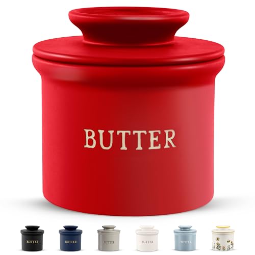 Kook Butter Crock with Lid, Soft Spreadable Butter, Ceramic French Butter Keeper to Leave On Counter with Water Line, Butter Dish, Home and Kitchen Decor, Perfect for Christmas Gift (Matte Red) - color: Matte Red