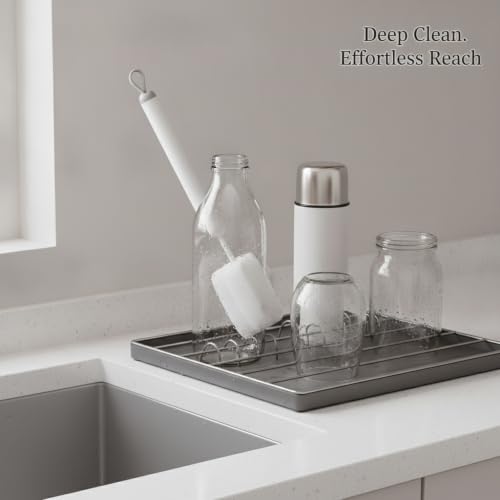 Long Handle Bottle Cleaning Brush with Soft Sponge Head for Deep Cups, Narrow Neck Bottles & Vases - 13 Inch - color: Gray