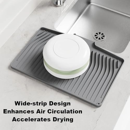 Silicone Dish Drying Mat with Raised Drainage Edges,Non-Slip and Heat-Resistant,Includes Hanging Hole,Kitchen Countertop Drying Mat,Easy to Clean(18.9" x 13.58", Grey)