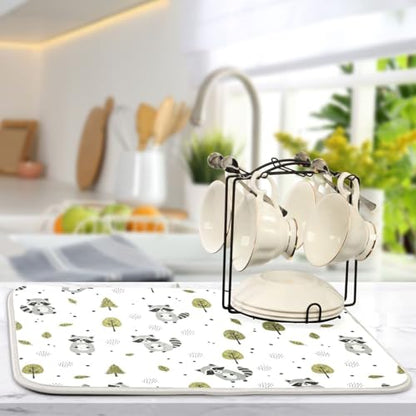 Raccoons Tree White Dish Drying Mat for Kitchen Counter Super Absorbent Draining Mat with Non-slip Backed Drainer Mat for Dish Cups Bowl Bottles Countertops Sinks Draining Racks