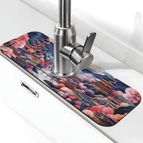 Kitchen Sink Faucet Mat Splash Guard, Chinese Style House Bridge Moon Super Absorbent Drying Mat, Non-Slip Drain Pad for Bathroom Counter - color: House Bridge Moon