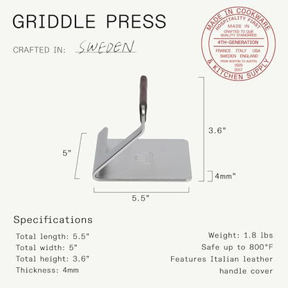 Made In Cookware - Stainless Steel Grill Press - Removable Leather Handle Cover - Crafted in Sweden