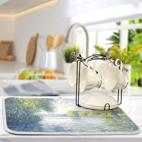 Watercolor River Trees Dish Drying Mat for Kitchen Counter Super Absorbent Draining Mat with Non-slip Backed Dishwashing Mat for Dish Bottles Cups Bowl Countertops Sinks Draining Racks