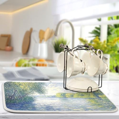 Watercolor River Trees Dish Drying Mat for Kitchen Counter Super Absorbent Draining Mat with Non-slip Backed Dishwashing Mat for Dish Bottles Cups Bowl Countertops Sinks Draining Racks