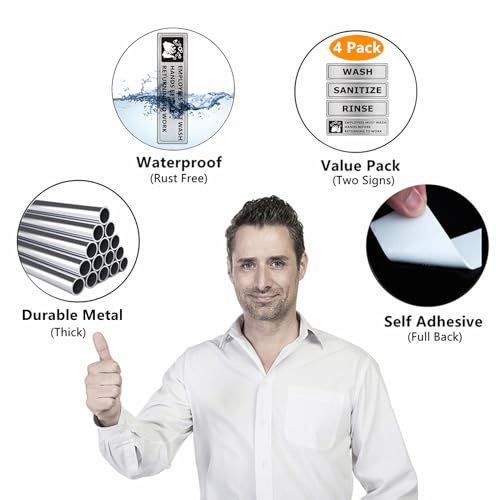 (4 PACK) Wash Rinse Sanitize Sink Labels Signs Stickers with Employees Must Wash Hands Sign, Self-adhesive Waterproof Aluminum Metal Sign for Restaurant Kitchen Sinks (9x3 inch, Brushed Aluminum) - color: Brushed Nickel/Black, size: 9" x 3"