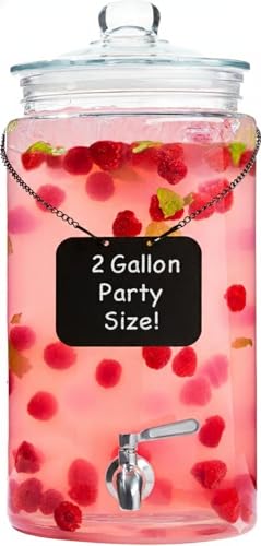 2 Gallon Glass Drink Dispenser with Spout for Parties - Tall Airtight Mason Style Beverage Serveware Stand with Metal Spigot for Kombucha, Water, Juice, Punch, Cocktails, Ice Tea & Sun Tea - size: 2 Gallon