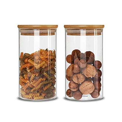Glass Storage Jars Set of 2 (48oz/1400ml) with Wooden Lid, Glass Sourdough Starter Jar, Stackable Kitchen Canisters, Pefect for Coffee Bean Cookie, Sugar, Flour, Pasta, Sourdough, Nuts - size: 48oz