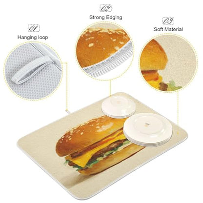 Burger Cheese Lettuce Beige Dish Drying Mat Kitchen Dish Drying Pad Absorbent Microfiber Kitchen Decor for Sinks Draining Racks Countertops 16x18 Inch - size: 16x18in