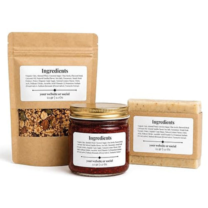 Custom Ingredient Labels for Small Business Packaging – Waterproof Stickers for Jars, Bags, Bottles & Boxes – 1x3, 2x3, 3x3 Sizes – Personalized, Easy to Customize