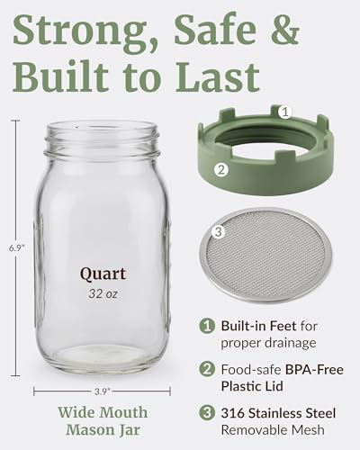 Elementi Sprouting Jar Kit - Set of 2 Wide Mouth Mason Jars with Sprout Lids & Stainless Steel Mesh Screen - Seed Sprouting Kit & Sprout Jars for Growing Broccoli Sprouts, Alfalfa, Mung Bean Sprouter - color: Sage Green Lids & Jars