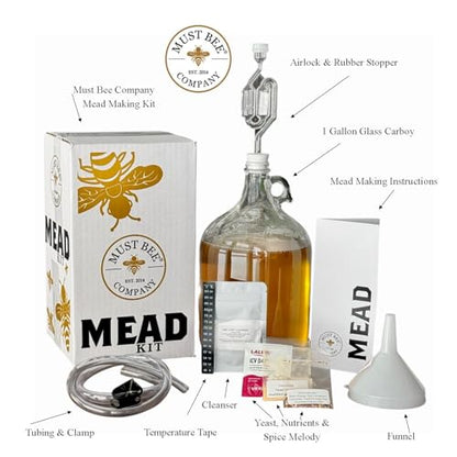 Mead Making Kit – 1 Gallon Mead Kit to Make Your own Honey Wine with Reusble Equipment- Brew a Delicious Metheglin Style Mead with Must Bee Company-Starter Kit Includes Yeast, Nutrients and Spices. - size: 1 Gallon Starter Kit