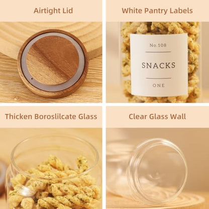 6 Pack Glass Canisters with Airtight Acacia Lids and 132 Kitchen Pantey Labels Preprint - 24 Fl Oz Borosilicate Glass Pantry Storage Jars Containers with Wooden Lids for Tea,Sugar,Cookie,Coffee,Candy - size: 24oz-6 Pack