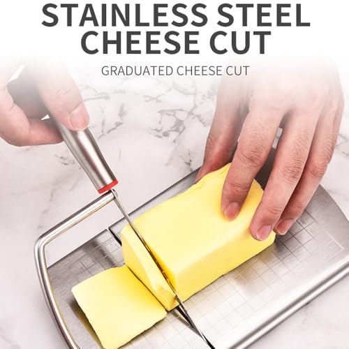 Stainless Steel Cheese Slicer with Block Cheese Blade, Cutting Board with Precise Measurements, Multi-purpose Slicing Tool for Blocks of Cheese, Butter, and Sausage., conventional, Silver