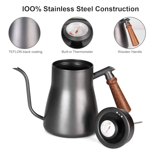 Pour-over kettle with thermometer, 850ml capacity, leak-proof one-piece 304 stainless steel gooseneck spout, food-grade easy-clean, suitable for pour-over coffee, French press, and tea. (850ml) - size: 0.9 Quarts