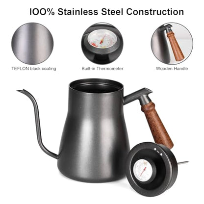 Pour-over kettle with thermometer, 850ml capacity, leak-proof one-piece 304 stainless steel gooseneck spout, food-grade easy-clean, suitable for pour-over coffee, French press, and tea. (850ml) - size: 0.9 Quarts